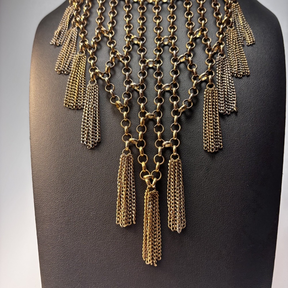 Bib Necklace Gold Tone Draped Chain Tassel Statement Boho Fringe Jewelry - Picture 3 of 9